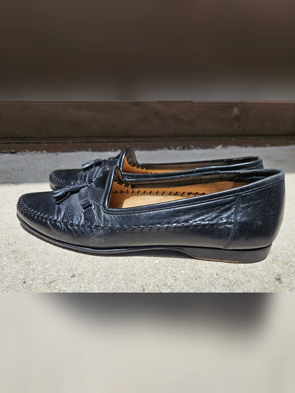 Santoni Black Leather Lizard Trim Tassel Loafers Shoes Italy Men's US 12 B
